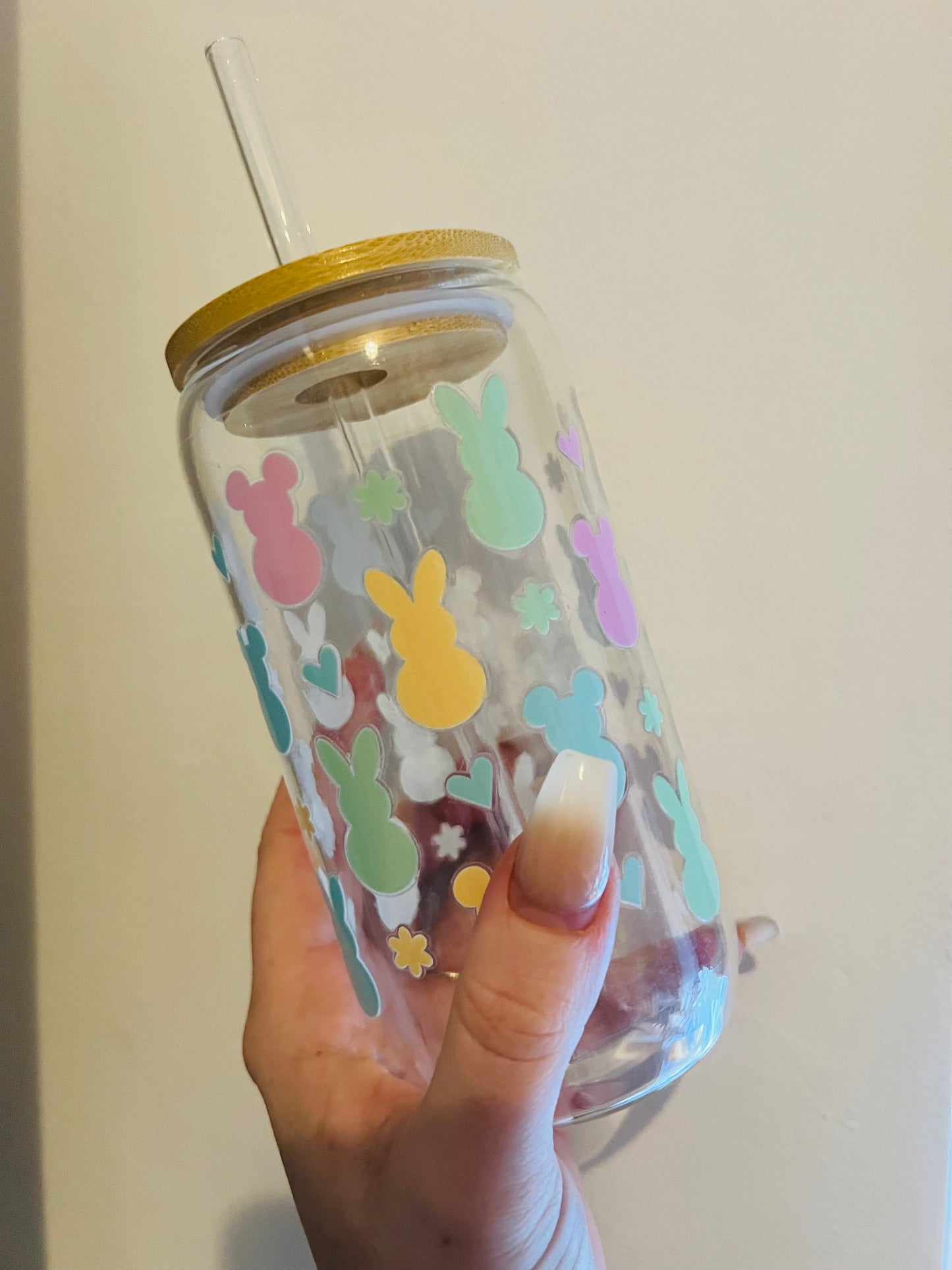 Spring / Easter glass cups with bamboo lid & glass straw