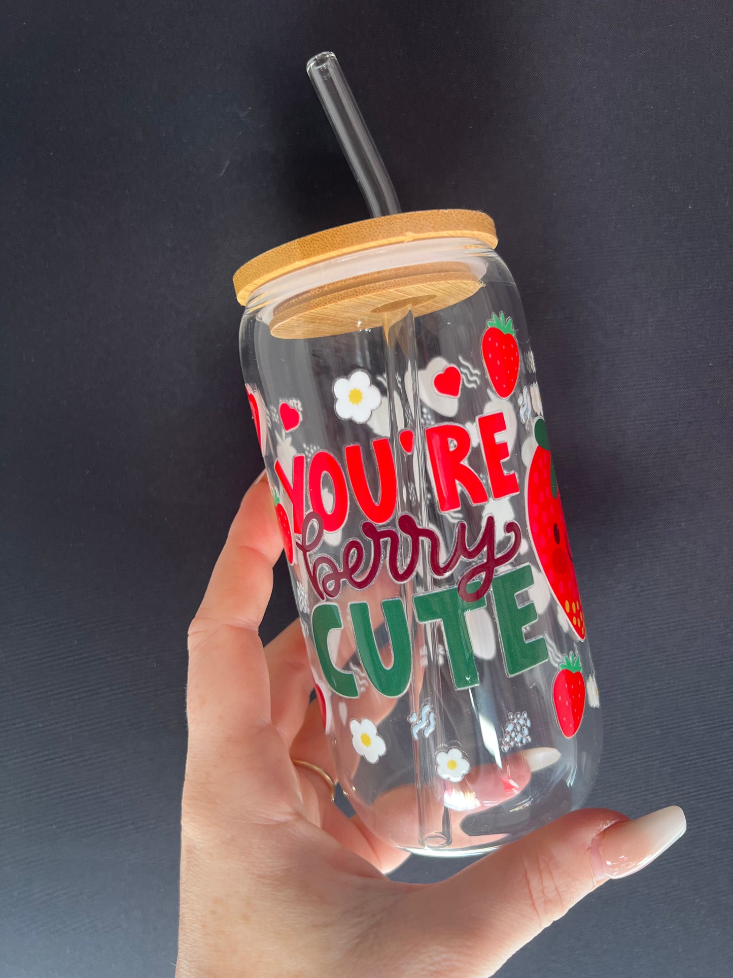 ‘You’re berry cute’ glass tumbler with bamboo lid & glass straw