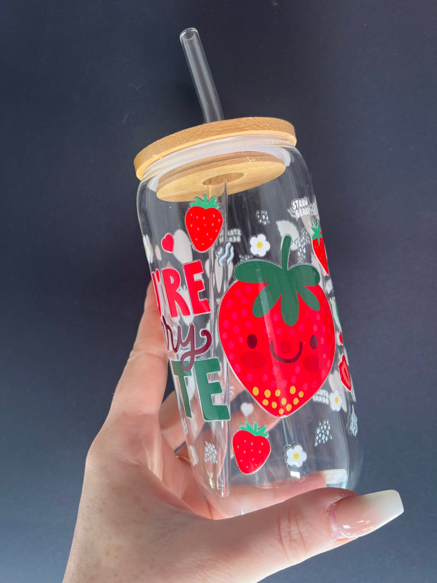 ‘You’re berry cute’ glass tumbler with bamboo lid & glass straw