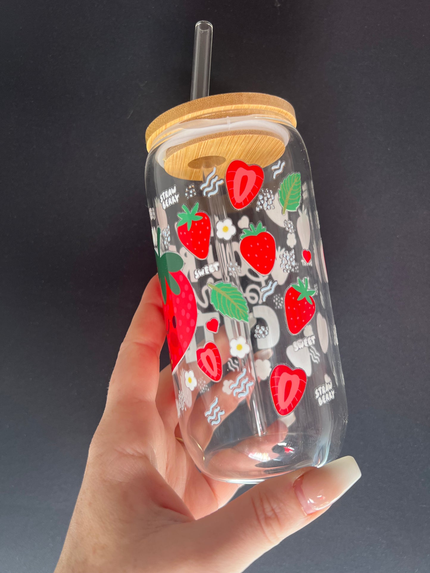 ‘You’re berry cute’ glass tumbler with bamboo lid & glass straw