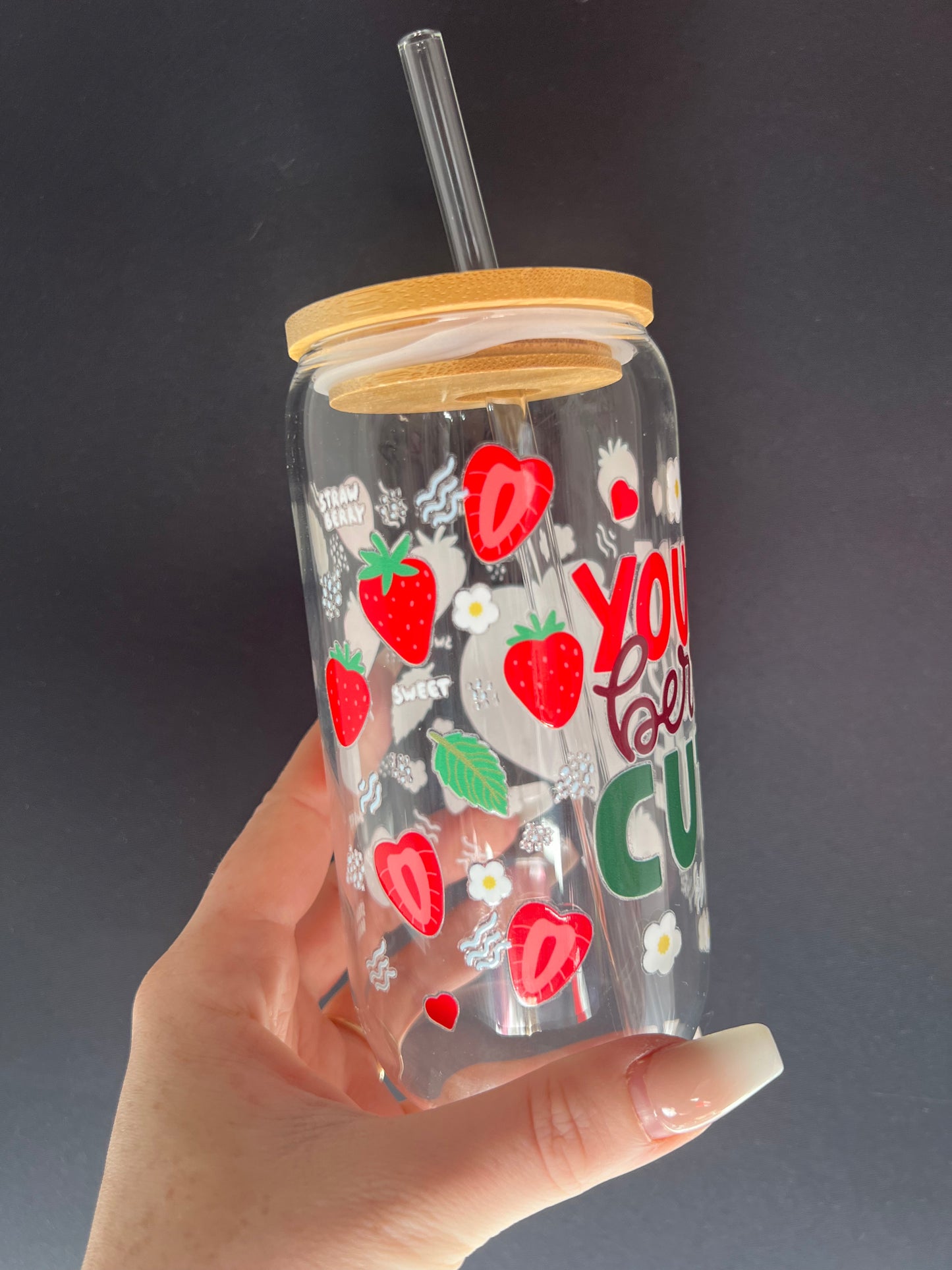 ‘You’re berry cute’ glass tumbler with bamboo lid & glass straw