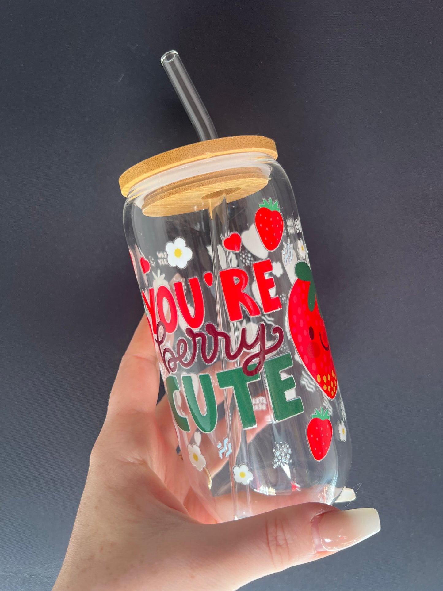 ‘You’re berry cute’ glass tumbler with bamboo lid & glass straw