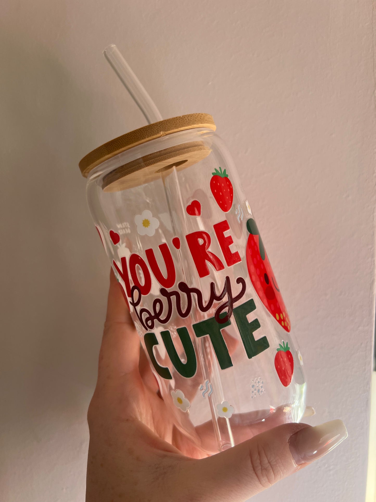 ‘You’re berry cute’ glass tumbler with bamboo lid & glass straw