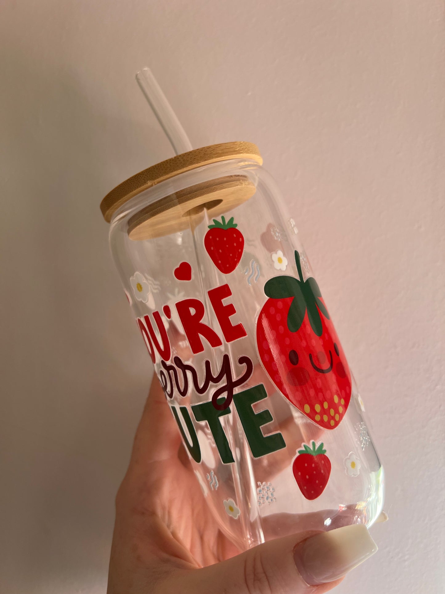 ‘You’re berry cute’ glass tumbler with bamboo lid & glass straw