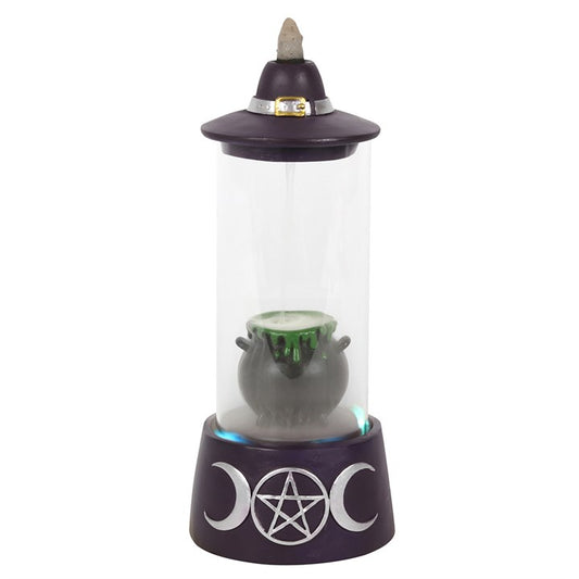 Enclosed hat & cauldron LED backflow incense burner